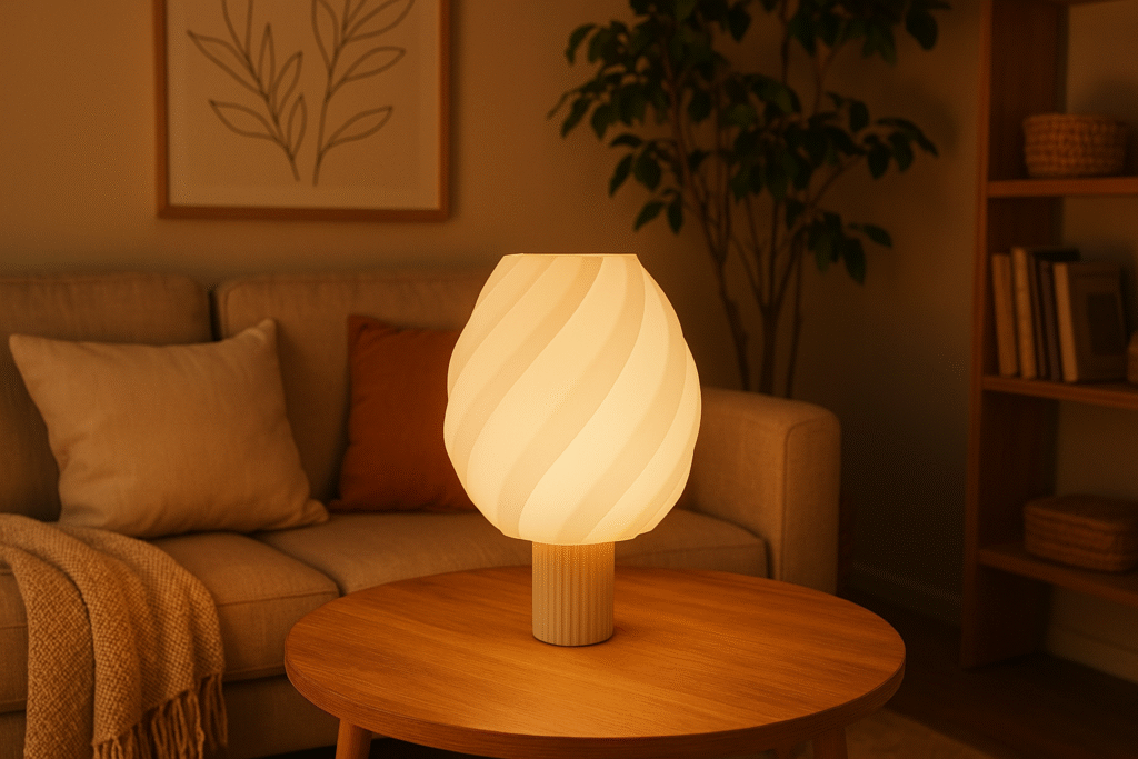 Lámpara de diseño Allumbra encendida sobre una mesa de madera en un salón moderno y acogedor.